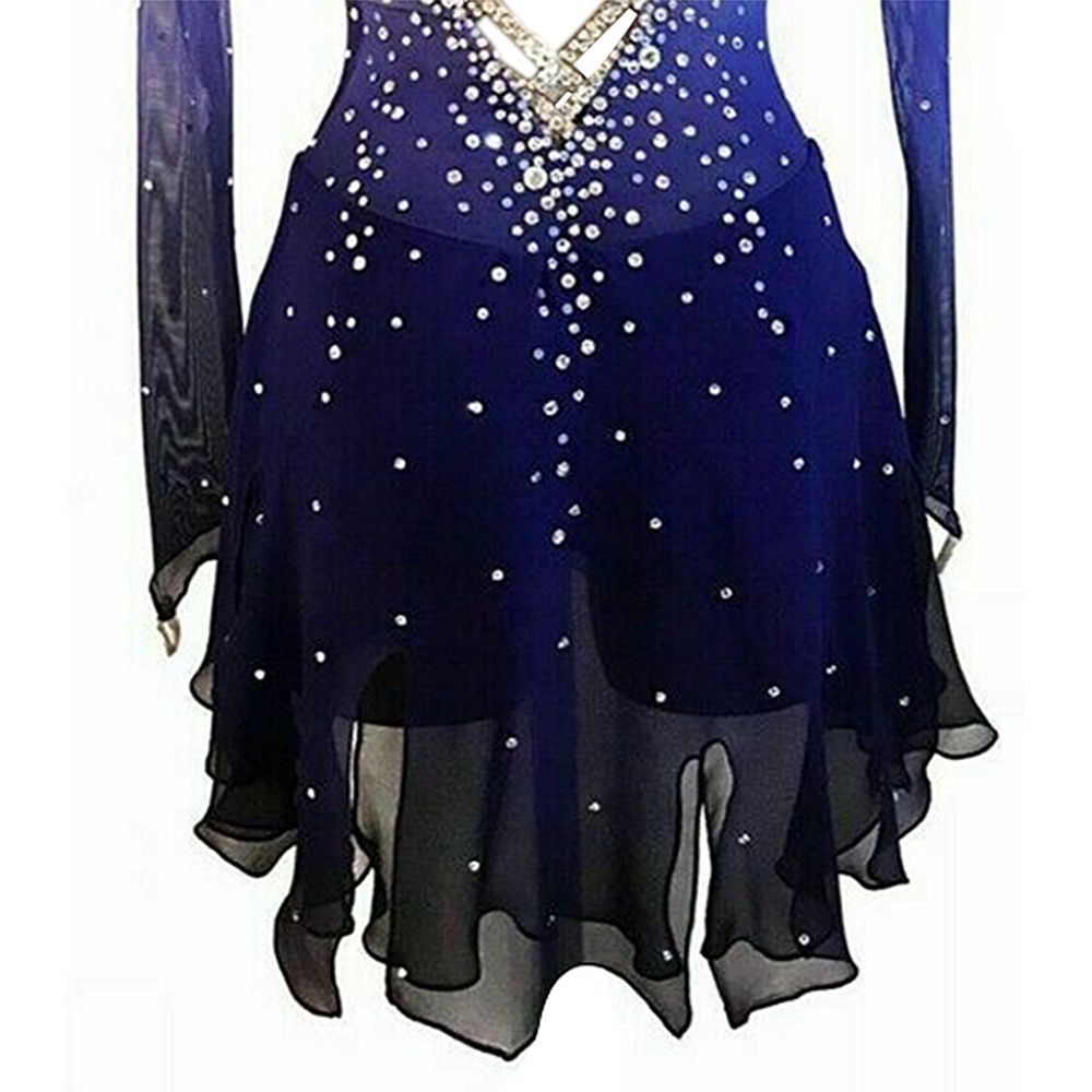 Figure Skating Dress Women's Girls' Ice Skating Skirt Dress Gradient Asymmetric Hem Spandex High Elasticity Training Competition Skating Wear Multi Color Crystal / Rhinestone Long Sleeve Ice / Kids
