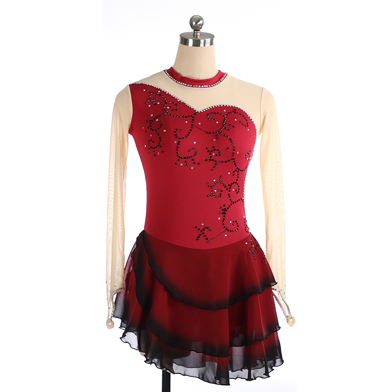 LIUHUO Handmade Figure Skating Dress Women's Girls' Ice Skating Dress Red Glitter Mesh Spandex High Elasticity Practice Competition Skating Wear Crystal / Rhinestone Long Sleeve Ice Skating Winter