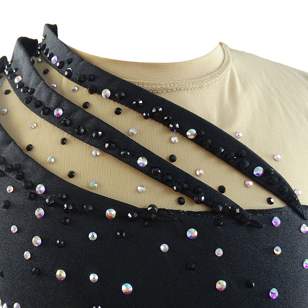 Women Girls Ice Figure Skating Dress Black Spandex Stretchy Mesh High Elasticity Training Competition Skating Wear Handmade Crystal / Rhinestone Solid Color Long Sleeve Ice Skating