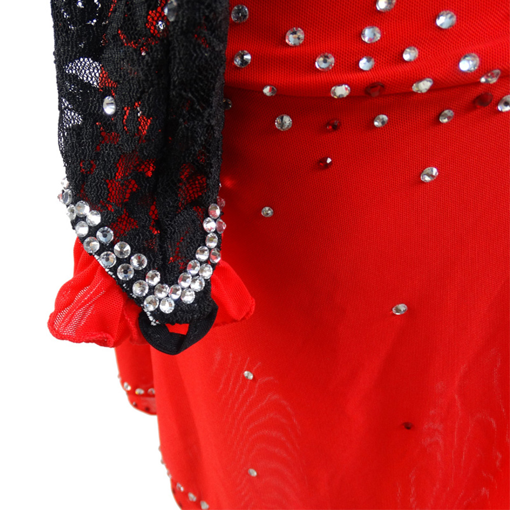 Figure Skating Dress Women's Girls' Ice Skating Dress Red Black Lace Spandex High Elasticity Training Competition Skating Wear Handmade Crystal / Rhinestone Gradient Color Long Sleeve Ice Skating