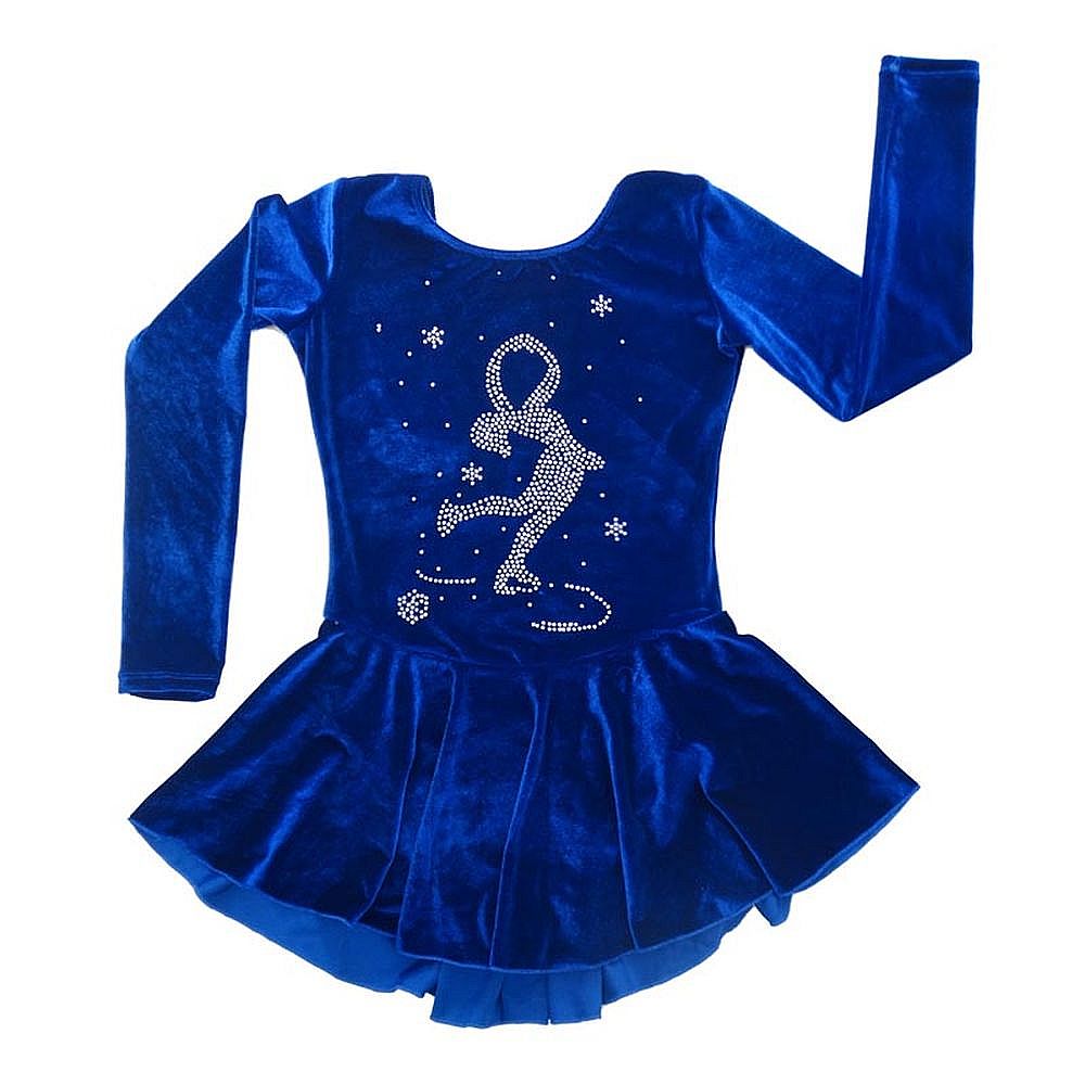 Ice Figure Skating Dress Women's Ice Skating Dress Blue Velvet Rhinestones Competition Skating Wear Breathable Solid Colored Long Sleeve Skating