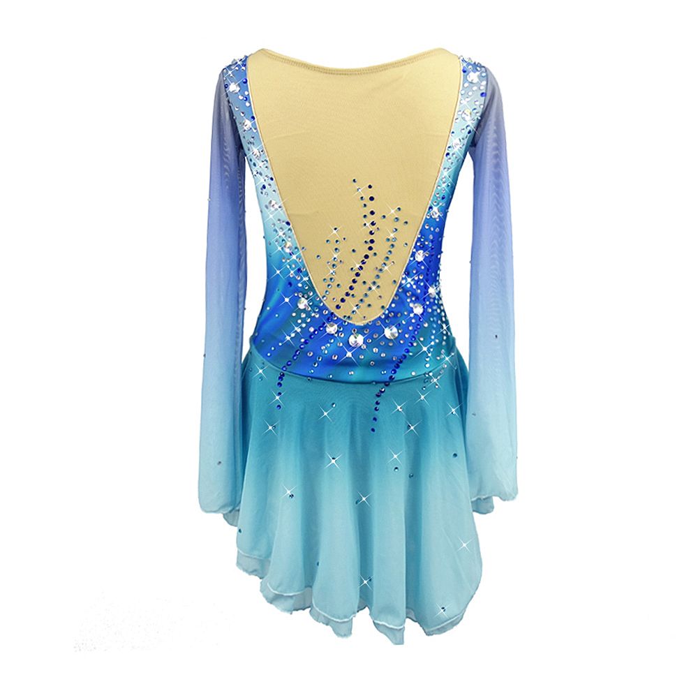 Figure Skating Dress Women's Girls' Ice Skating Dress Blue Patchwork Asymmetric Hem Spandex High Elasticity Training Competition Skating Wear Handmade Crystal / Rhinestone Long Sleeve Ice Skating
