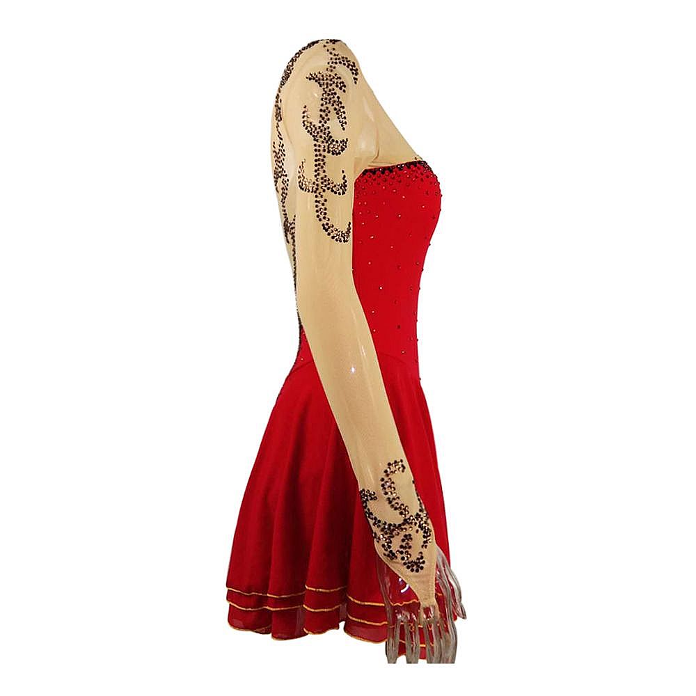 Handmade Figure Skating Dress Women's Girls' Ice Skating Dress Red Mesh Spandex High Elasticity Practice Competition Skating Wear Crystal / Rhinestone Long Sleeve Ice Skating Winter