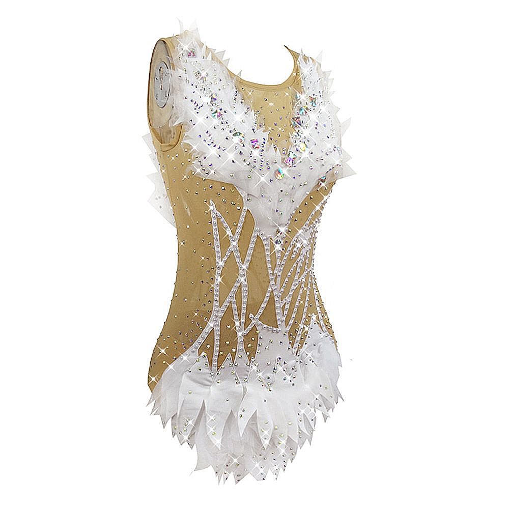 Rhythmic Gymnastics Leotards Women's Girls Artistic Gymnastics Leotards Kids White Feather Leotard Spandex High Neck Breathable Yellow