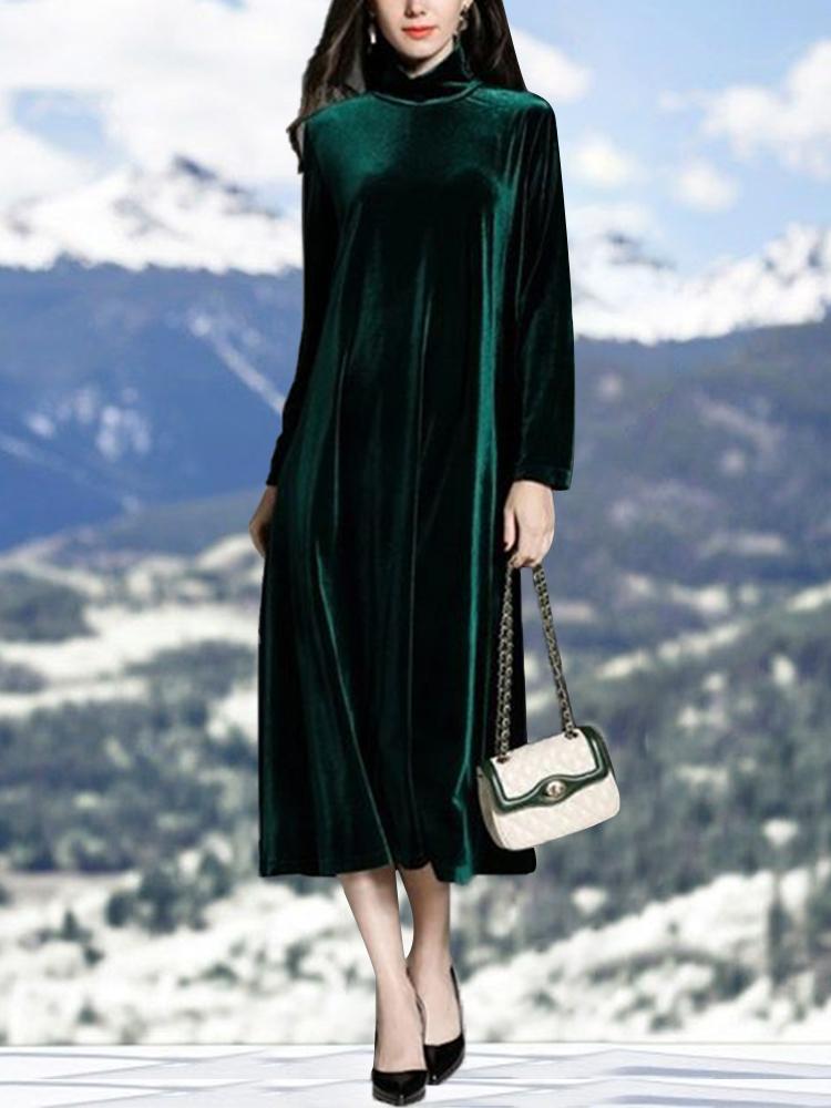 Elegant Lady Stand Collar Solid Velvet Dress
