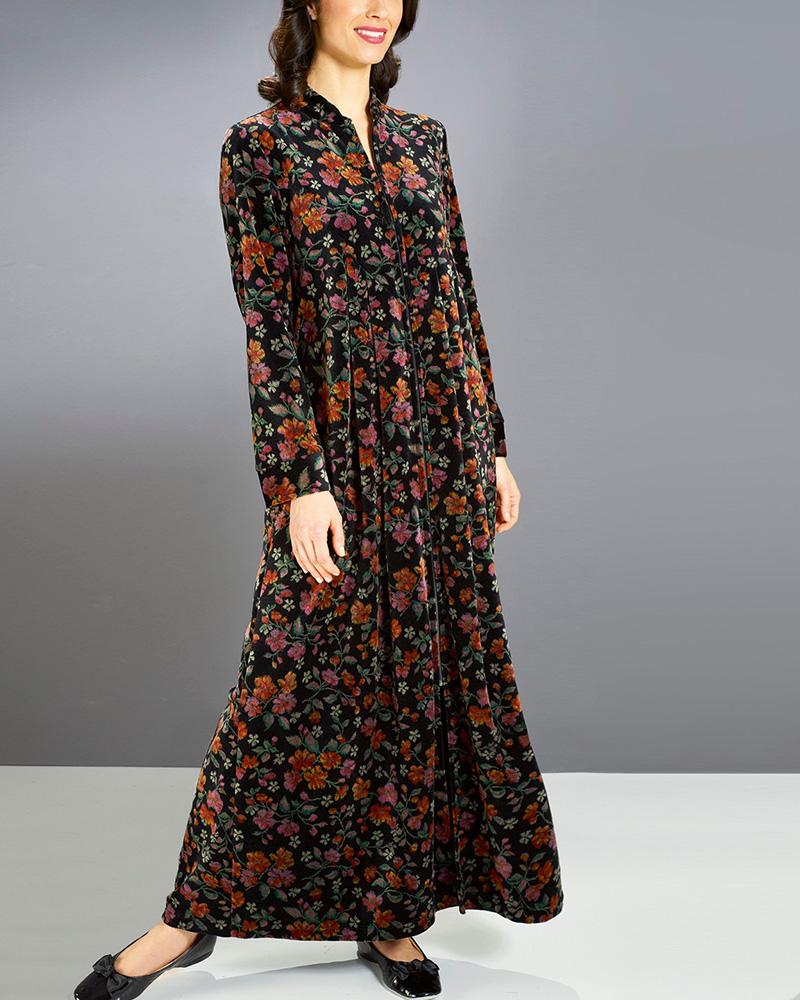 Velvet Floral Extremely Long Pajama Coat And Nightdress