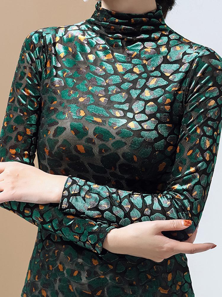 Women's Leopard Pattern High Collar Long Sleeve T-Shirt