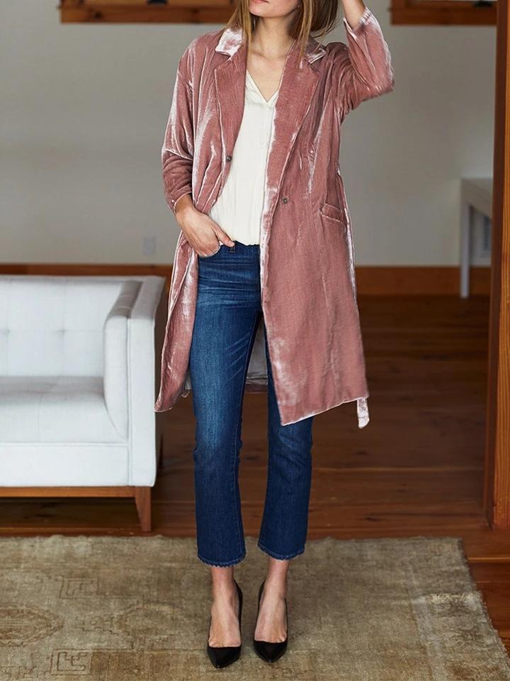 Women'S Pink Retro Velvet Pocket Loose Coat