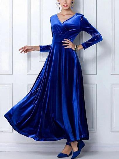 Elegant Waisted V-neck Solid Velvet Dress