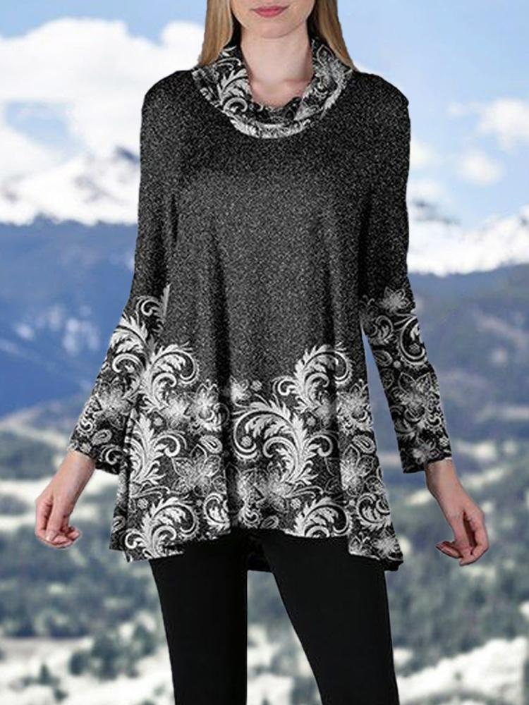 Women's Ethnic Floral Pattern Cowl Collar Velvet Top