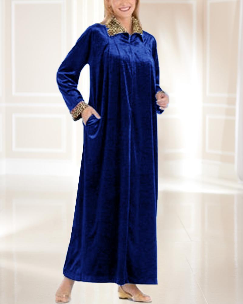 Elegant Style Lapel Collar Long Sleeve Velvet Sleepwear
