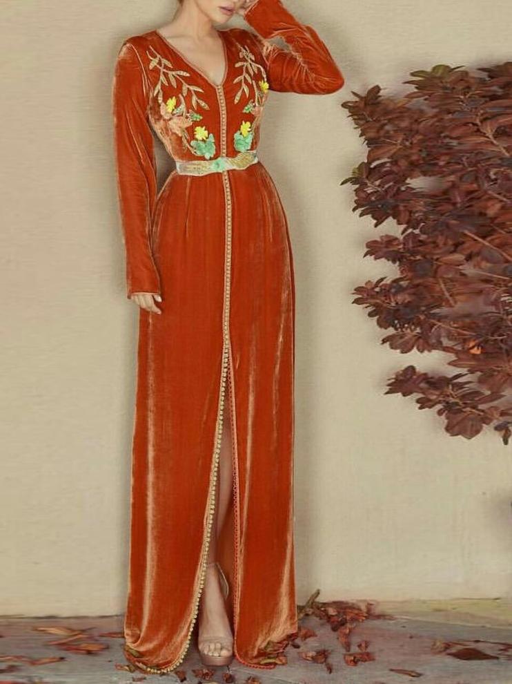 Vintage Embroidered Waist Slit Velvet Dress