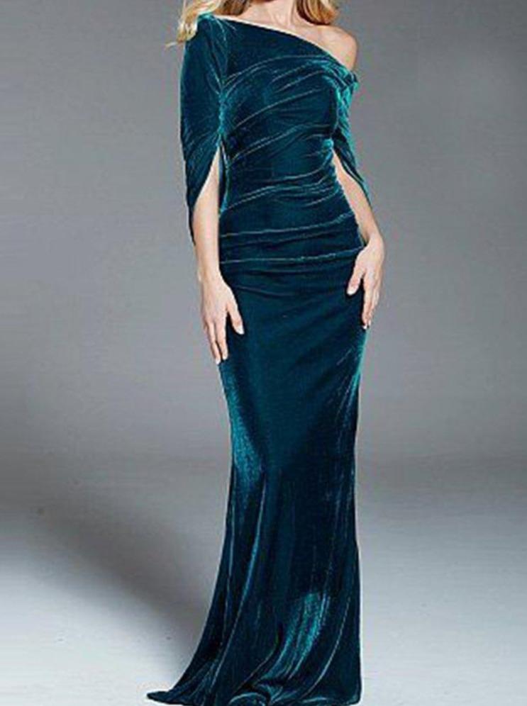 Asymmetric Collar Velvet Maxi Dress Gown