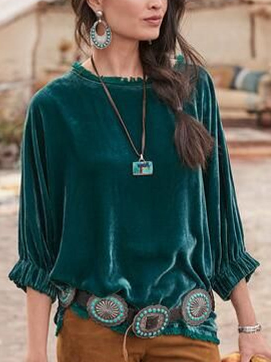 Round Neck 3/4 Sleeve Casual Solid Color Velvet Top