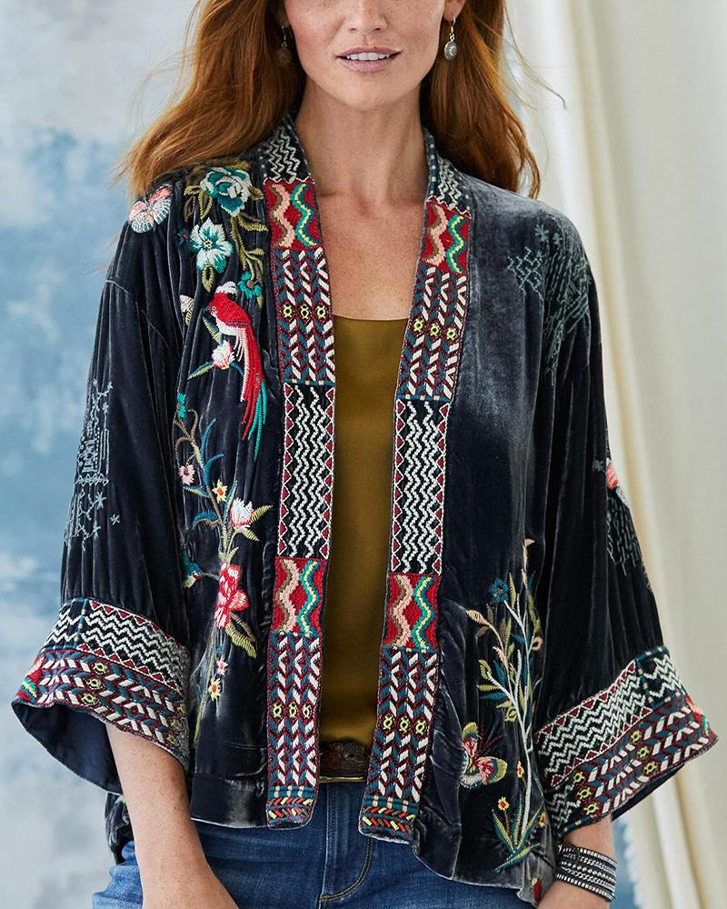 Natural Style Embroidery Short Type Velvet Cardigan