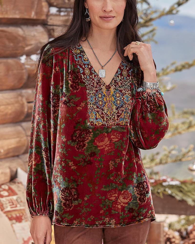 Embroidery And Roses Lantern Sleeves Velvet Top