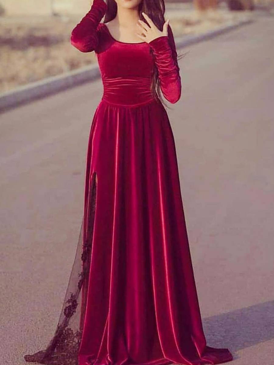 Women's Red Retro Velvet Lace Slim Long Sleeve Dress