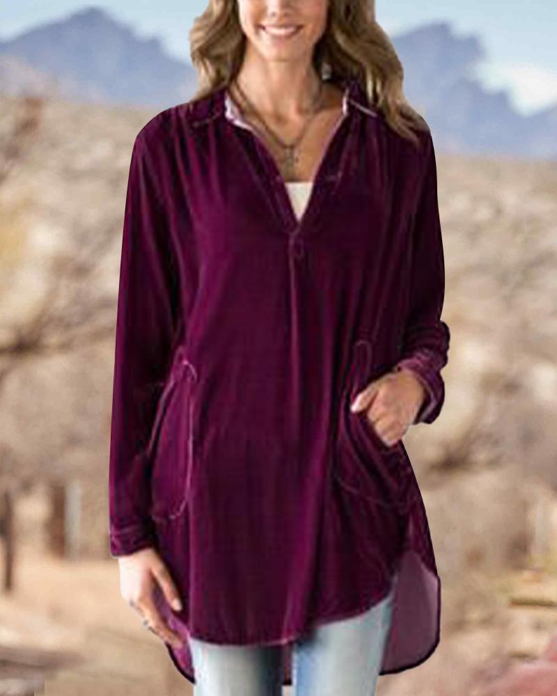 Solid Color Loose Casual Velvet Top With Large Pockets