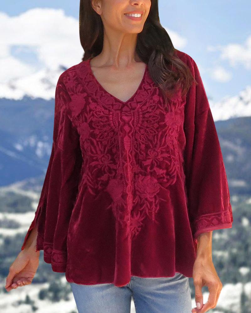 Womens V-neck Floral Stitching Casual Velvet Top