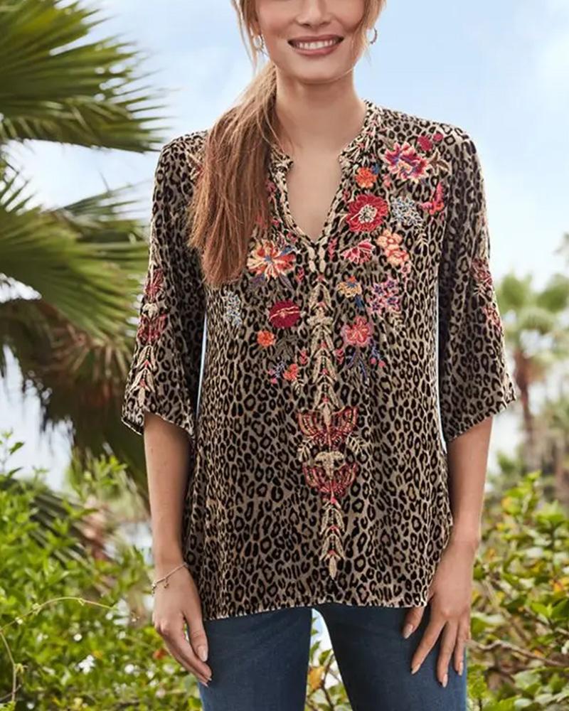 Leopard And Flower Mid-length Sleeves Velvet T-shirt