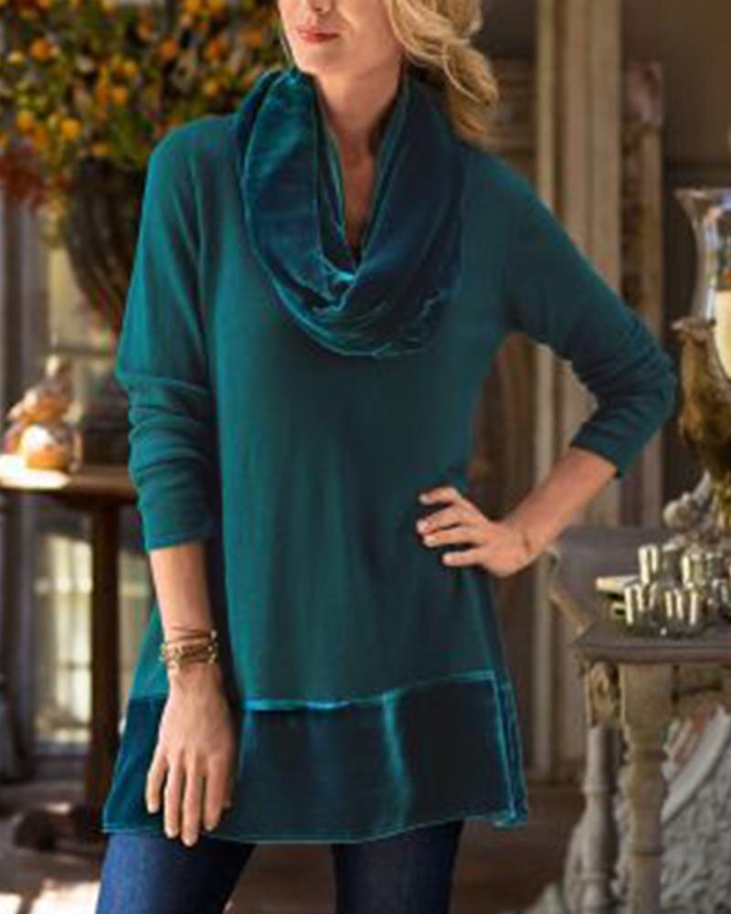 Solid Color Velvet Top For Women With Big Scarf Neck