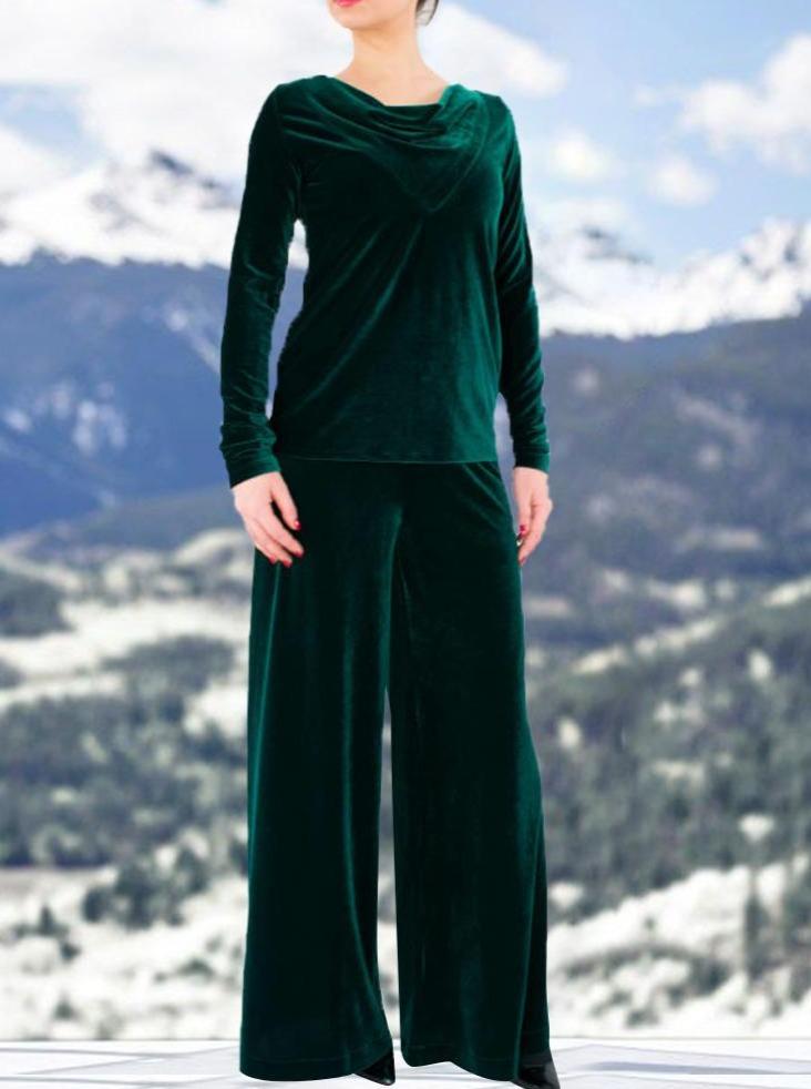Solid Color Warm Scarf Neck Top And Wide Leg Trousers Velvet Two-piece Set