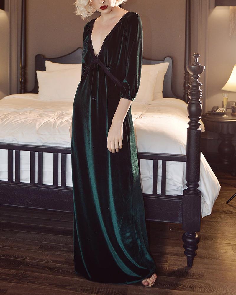 Elegant Lace V Neck Solid Color Long Sleeve Velvet Sleepwear