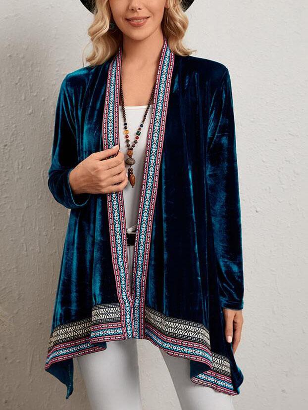 Contrast Pattern Embroidery Tape Open Front Velvet Cardigan