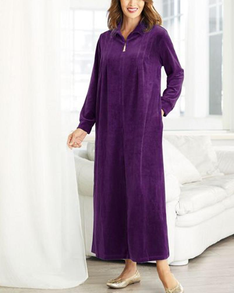 Solid Color Zip Casual Velvet Sleepwear