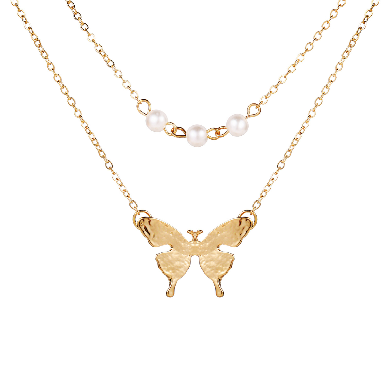 Double layer imitation pearl butterfly pendant necklace, creative retro clavicle chain