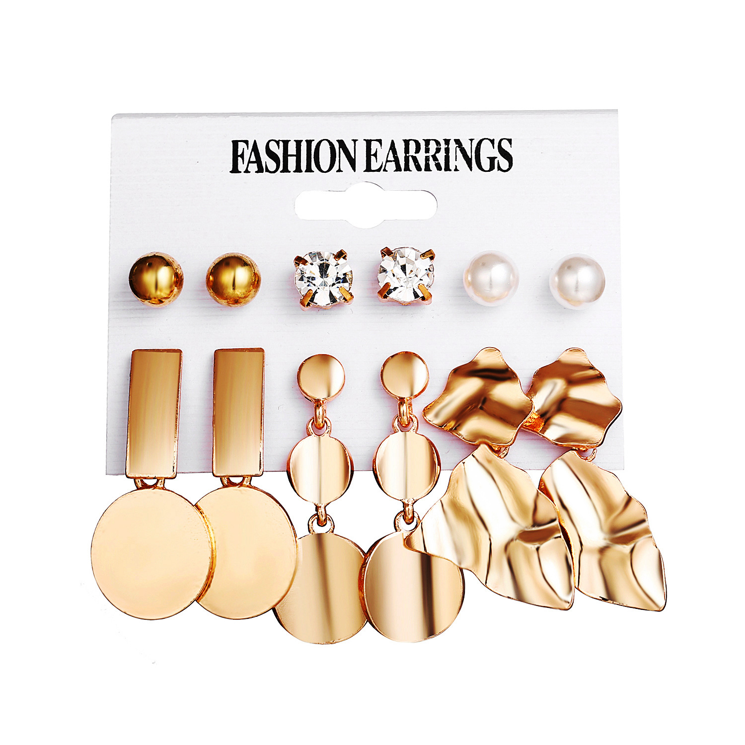 6 pairs of irregular geometric gold stud earrings with metal elements