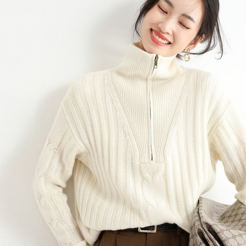 Loose vertical striped lapel POLO collar zipper casual knit sweater