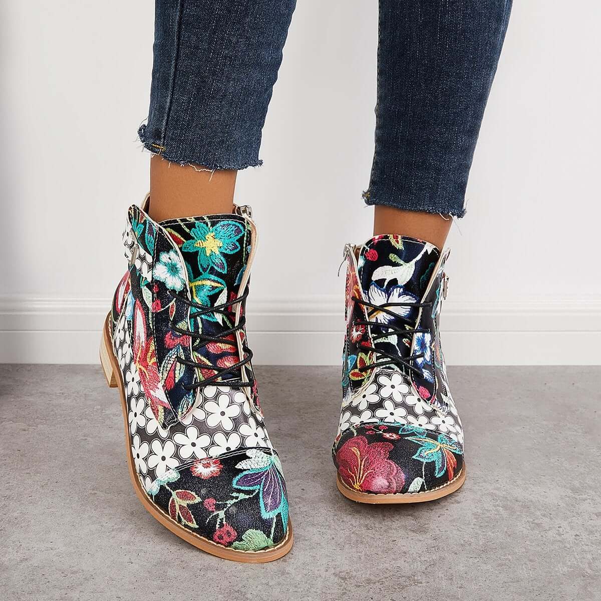Cosylands Ink Floral Painting Western Cowboy Boots Lace Up Ankle Boots