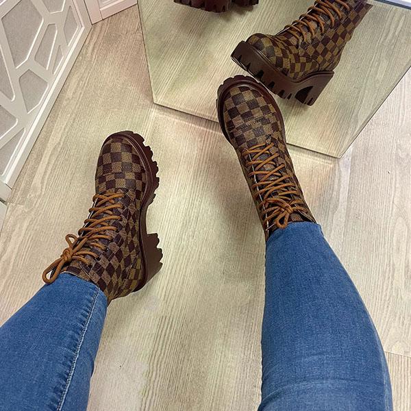 Cosylands Checkerboard Pattern Lace Up Chunky Sole Boots
