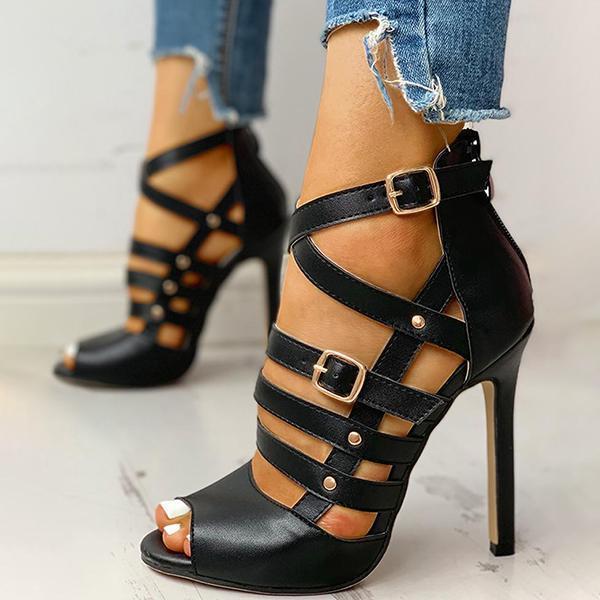 Cosylands Solid Hollow Out Ankle Strap Thin Heeled Sandals