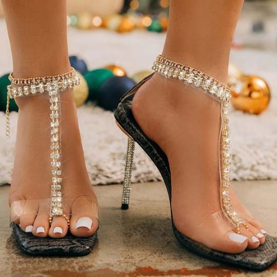 Cosylands TBar Strap Rhinestone Beaded Toe Ring Heels