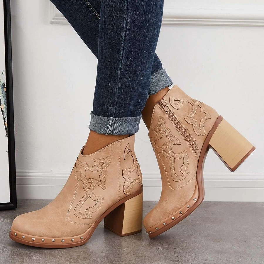 Cosylands Platform Chunky Heel Booties Western Cowgirl Ankle Boots