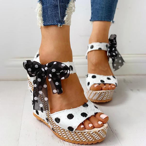 Cosylands Dot Bowknot Design Platform Wedge Sandals