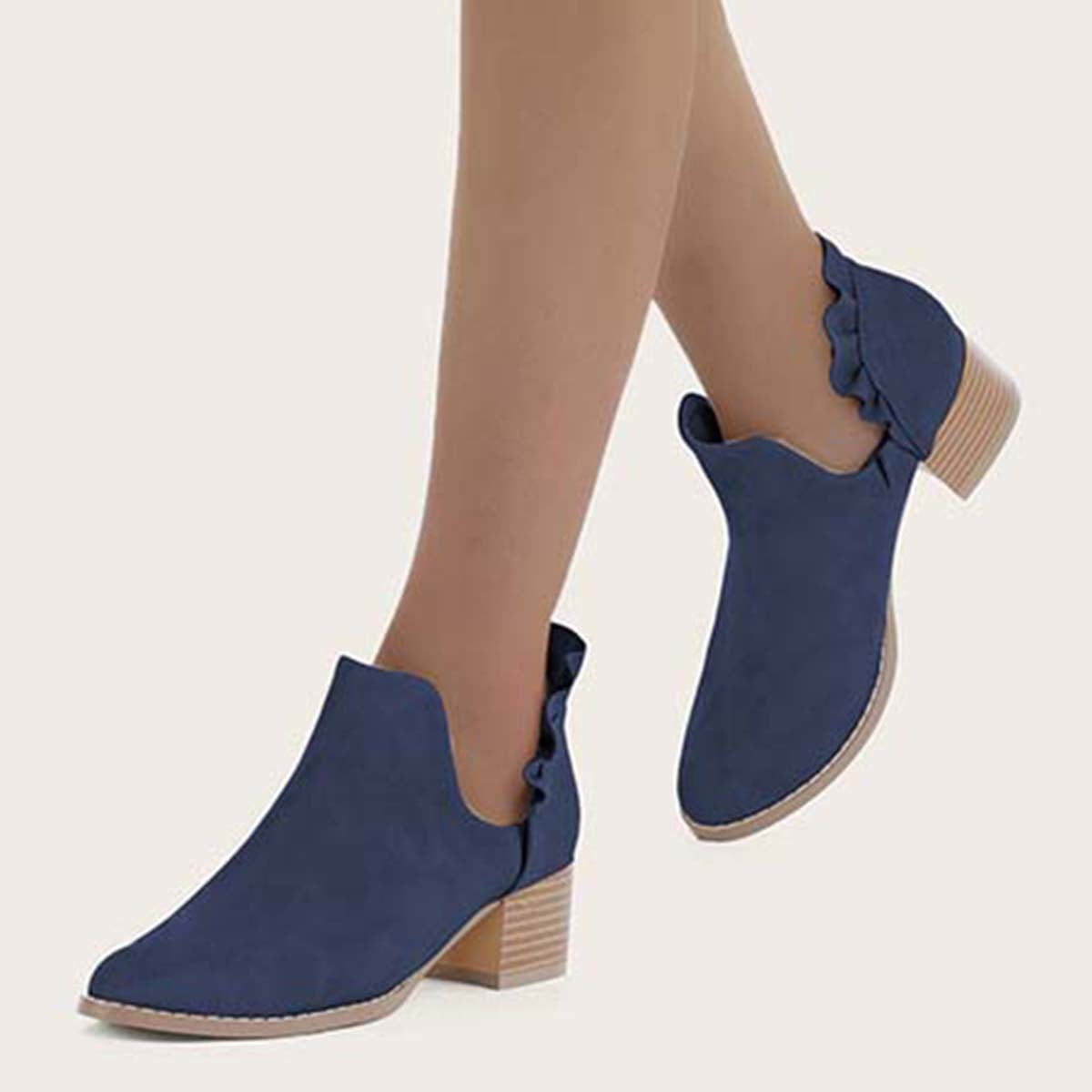 Cosylands Ruffle Cutout Ankle Boots Slip on Chunky Stacked Heel Booties