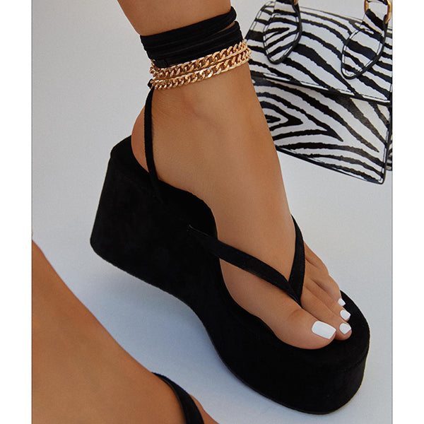 Cosylands Ankle Chain Lace-Up Thong Entry Wedge Platform Sandals