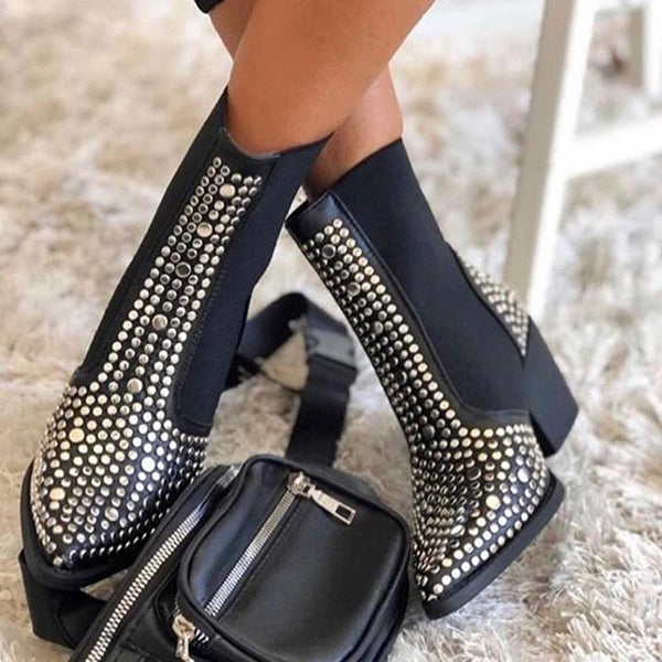 Cosylands Sexy Pointed Rivet Elastic Ankle Boots