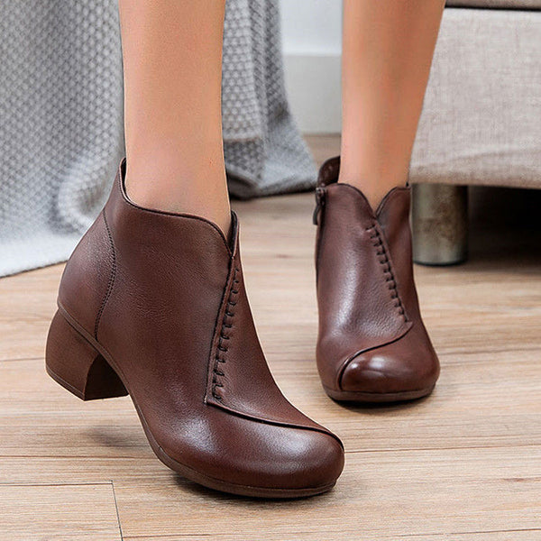 Cosylands Round Toe Chunky Heeled Solid Color Ankle Boots