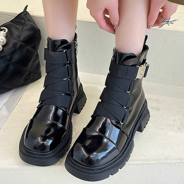 Cosylands Fashion Patent Leather Multi Buckle Straps Combat Boots