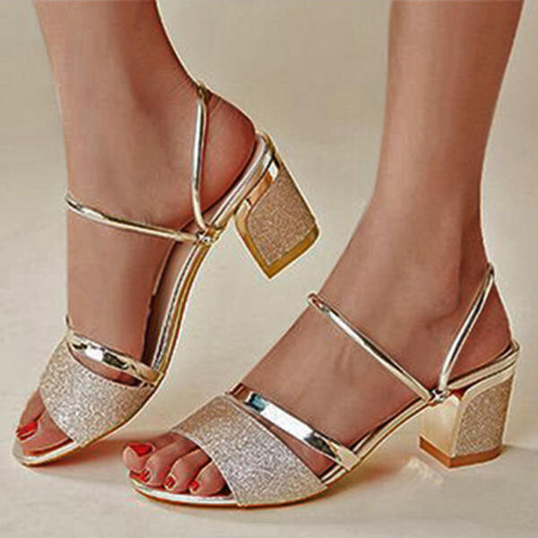 Cosylands Sequin Hollow Out Chunky Heel Sandals