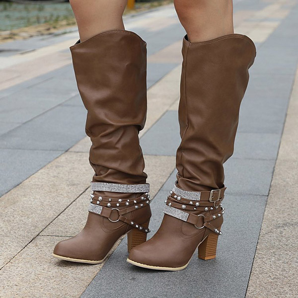 Cosylands Slouchy Knee High Riding Boots Chunky Heel Western Boots