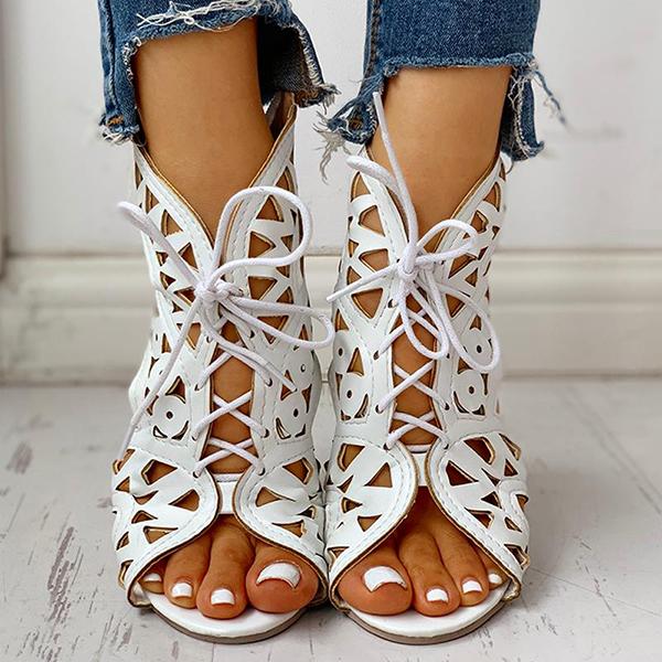 Cosylands Hollow Out Lace-Up Pu Wedge Sandals