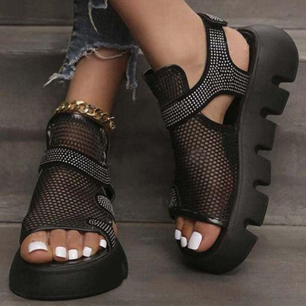 Cosylands Rhinestone Hollow-Out Velcro Solid Color Platform Sandals
