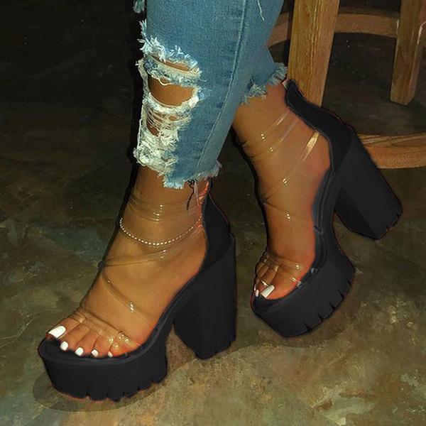 Cosylands Chunky Heel Zipper Open Toe Strappy See-Through Sandals