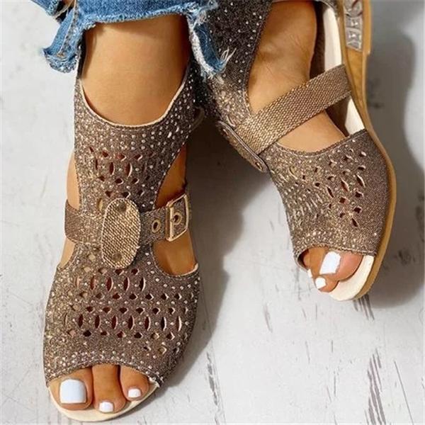 Cosylands Studded Hollow Out Peep Toe Buckled Sandals