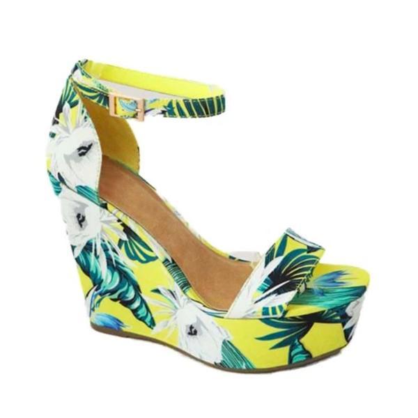 Cosylands Tropical Print Strap Buckle Platform Wedge Heel Sandals